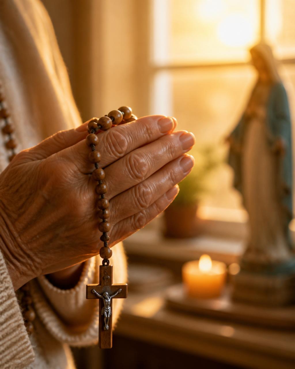 Mãos maduras de uma mulher segurando um terço em oração, diante de uma janela por onde entra a luz dourada da madrugada; ao fundo, desfocada, uma vela acesa e uma pequena imagem sacra.